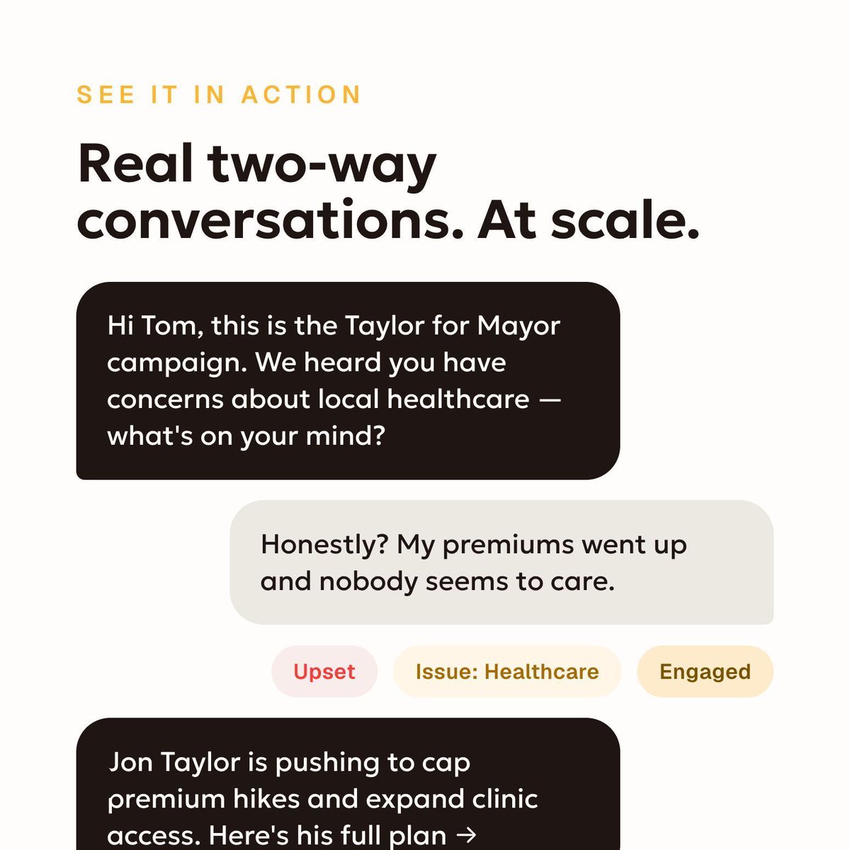 ConvosAI's tweet photo. A voter texts back. Within seconds they get a real reply, and the campaign learns exactly what’s on their mind.

That’s two-way texting done right. Thousands of conversations, happening at once. https://t.co/mBZhpPhtpG