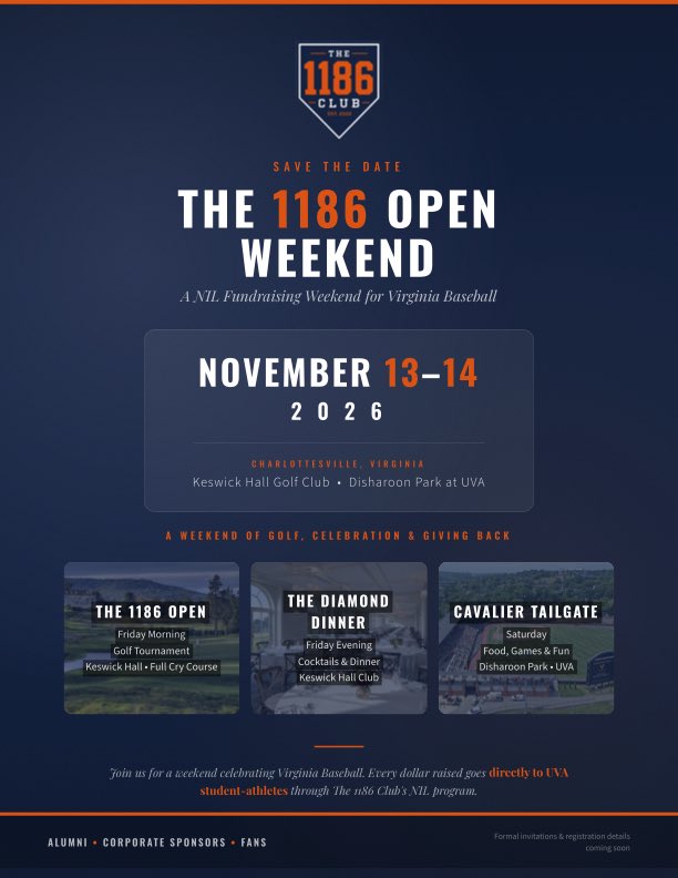 UVABaseball's tweet photo. 𝐌𝐚𝐫𝐤 𝐲𝐨𝐮𝐫 𝐜𝐚𝐥𝐞𝐧𝐝𝐚𝐫𝐬: 𝐓𝐡𝐞 𝟏𝟏𝟖𝟔 𝐎𝐩𝐞𝐧 𝐖𝐞𝐞𝐤𝐞𝐧𝐝 🗓️

Formal invitations and registration details are coming soon! https://t.co/NL5Apd18Ug