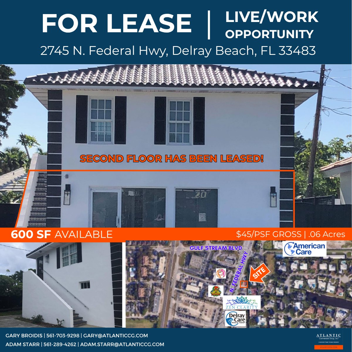 Atlantic_CG's tweet photo. For lease: 600 SF ground floor at 2745 N. Federal Hwy, Delray Beach! Office, retail, or live/work opportunity in a prime location. Second floor leased—don’t miss out! Contact us for details. #DelrayBeach #ForLease #CommercialRealEstate https://t.co/DHu1hxsfy4