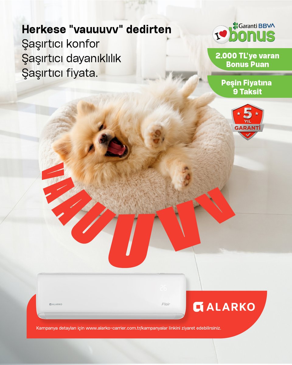 alarko_carrier's tweet photo. Vauuuvv" dedirten kampanya devam ediyor! 🐾
Şimdi sıra şaşırtan avantajlarda.👇
Alarko Flair Klimalar; Garanti BBVA Bonus'a özel peşin fiyatına 9 taksit, 2.000 TL'ye varan Bonus Puan ve 5 yıl garanti fırsatıyla sizleri bekliyor.
#AlarkoKlima #GerçekKlima #GerçekKonfor https://t.co/DwTsBny72b