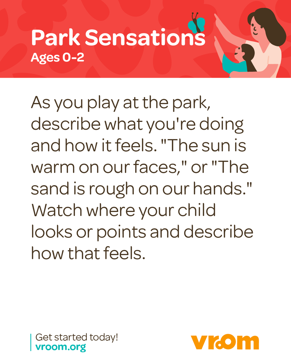 joinvroom's tweet photo. The sun is warm. The sand is rough. The world is their classroom. ☀️ This Vroom Tip turns a trip to the park into a brain-building sensory moment for your littlest one! https://t.co/hRyJiifroE