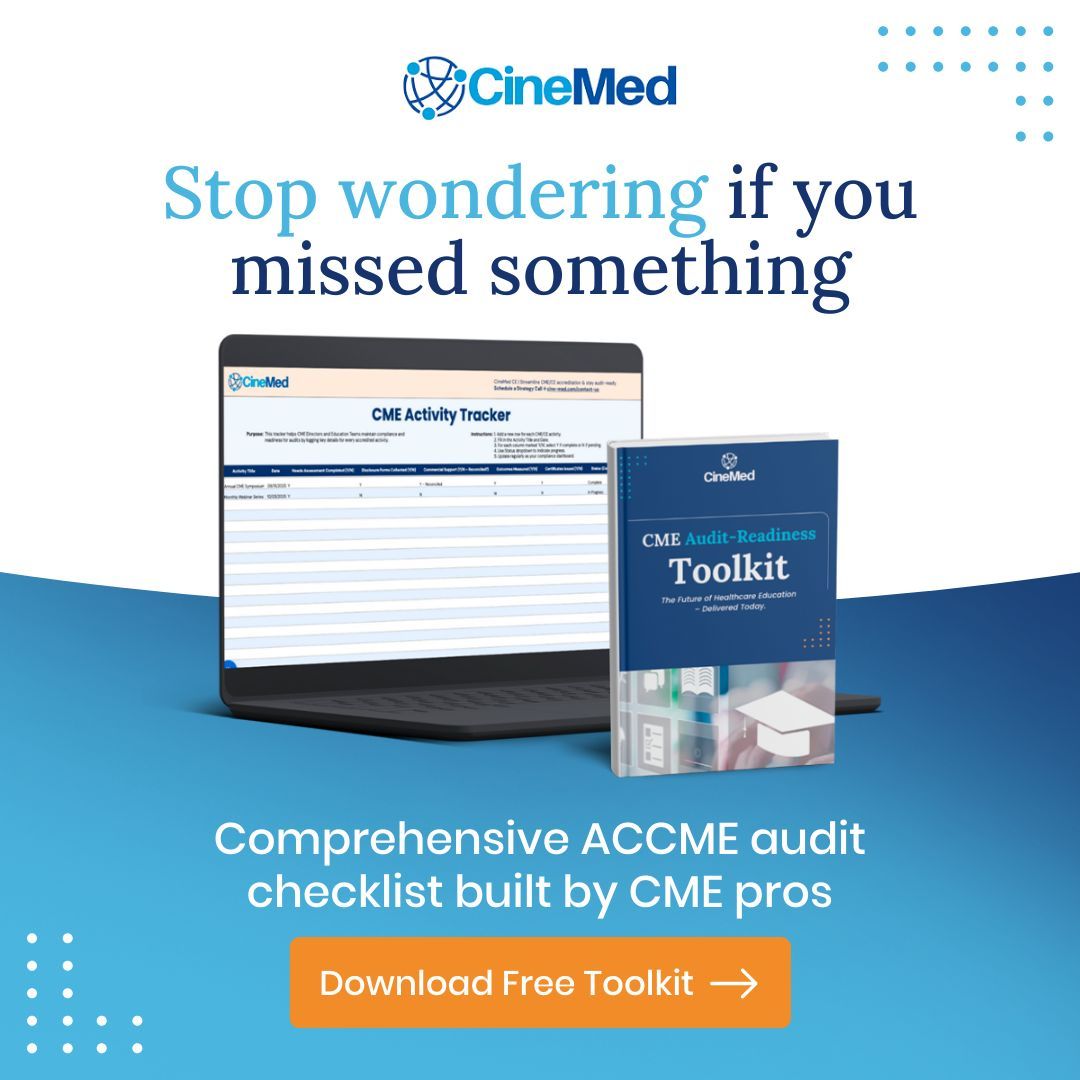 CineMed's tweet photo. Audit-ready CME/CE programs aren't built overnight. 

They're built through consistent documentation practices long before a review starts. 

Download the free toolkit with a full audit checklist and activity tracker:

 https://t.co/iPRlPILAFS https://t.co/8BC5Qb1dKp