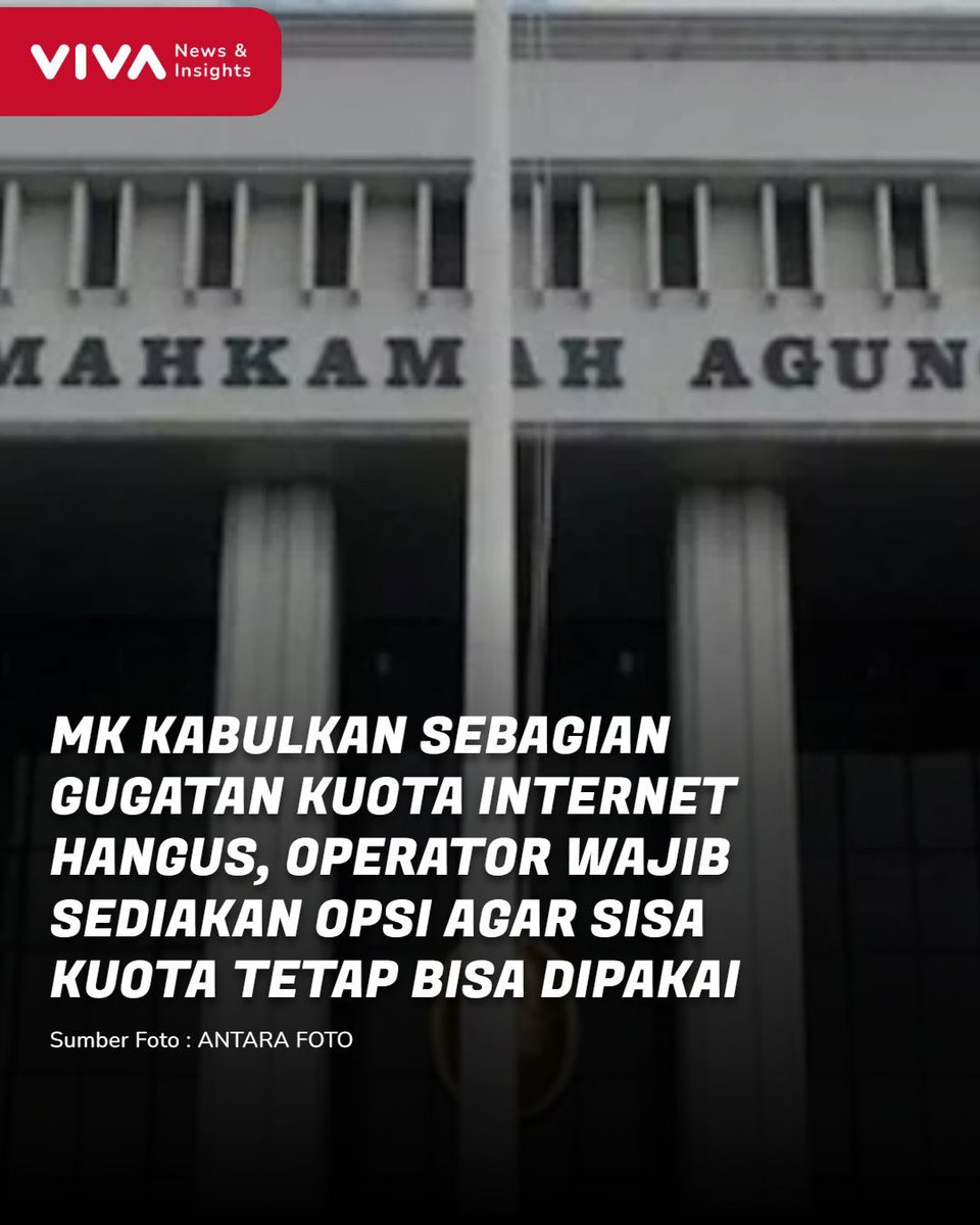 VIVAcoid's tweet photo. Mahkamah Konstitusi (MK) mengabulkan sebagian permohonan uji materi terkait sistem kuota internet hangus. Dalam putusannya, operator telekomunikasi wajib menyediakan pilihan layanan yang menjamin sisa kuota internet pelanggan tetap aktif dan dapat digunakan.

Putusan tersebut dibacakan dalam sidang perkara Nomor 273/PUU-XXIII/2025 pada Kamis, 23 Juli 2026. “Mengadili, mengabulkan permohonan para pemohon untuk sebagian,” kata Ketua MK Suhartoyo saat membacakan amar putusan.

MK menyatakan ketentuan mengenai tarif telekomunikasi tetap ditetapkan oleh penyelenggara berdasarkan formula dari pemerintah pusat. Namun, operator juga wajib menyediakan opsi agar sisa kuota internet pelanggan tetap bisa digunakan. Selain itu, MK meminta operator meningkatkan transparansi informasi terkait harga paket, besaran kuota, masa berlaku, hingga perlakuan terhadap sisa kuota.

Permohonan uji materi ini diajukan oleh pengemudi ojek online Didi Supandi dan pedagang kuliner daring Wahyu Triana Sari. Keduanya menggugat sistem penghangusan kuota internet karena dinilai belum memberikan kepastian hukum dan perlindungan terhadap hak pengguna

Baca Selengkapnya Disini : https://t.co/M8w8r7N78a