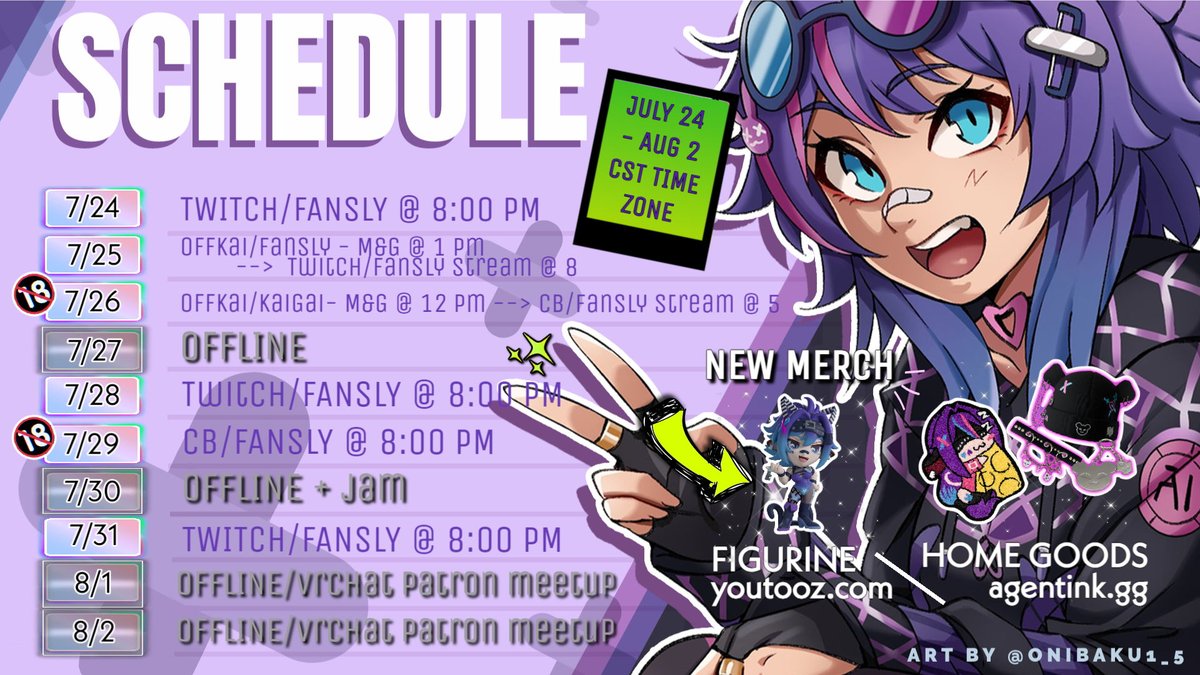 ProjektMelody's tweet photo. 📢New Schedule for the next few days!!📢
Chain Mouse merch is ending on the 26th officially for both Agent ink and my Youtooz Figure!! https://t.co/FkjKKGBKSm