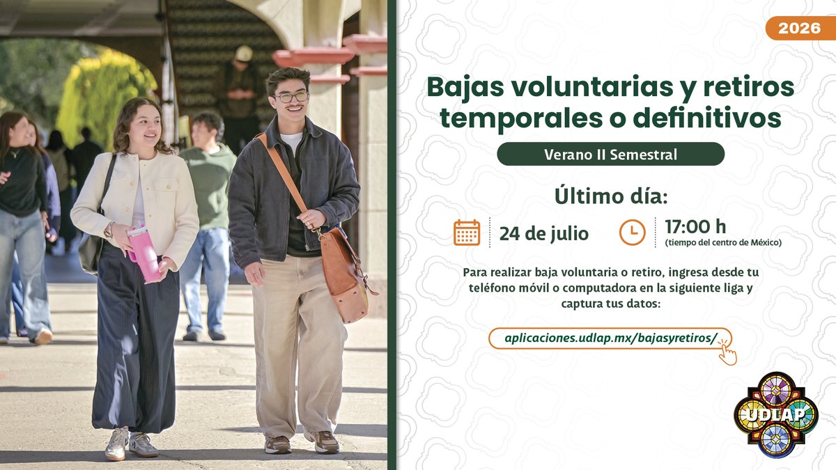 EscolarUDLAP's tweet photo. 📌 Estudiante de Licenciatura, ¿Requieres realizar   movimientos académicos?
 
👉 Ingresa a: https://t.co/88Qgt2JUkA
 
⏳ Último día hoy 24 de julio
🕔 Hasta las 17:00 h
 
#ServiciosEscolares #UDLAP https://t.co/Ur6jdwHEcZ
