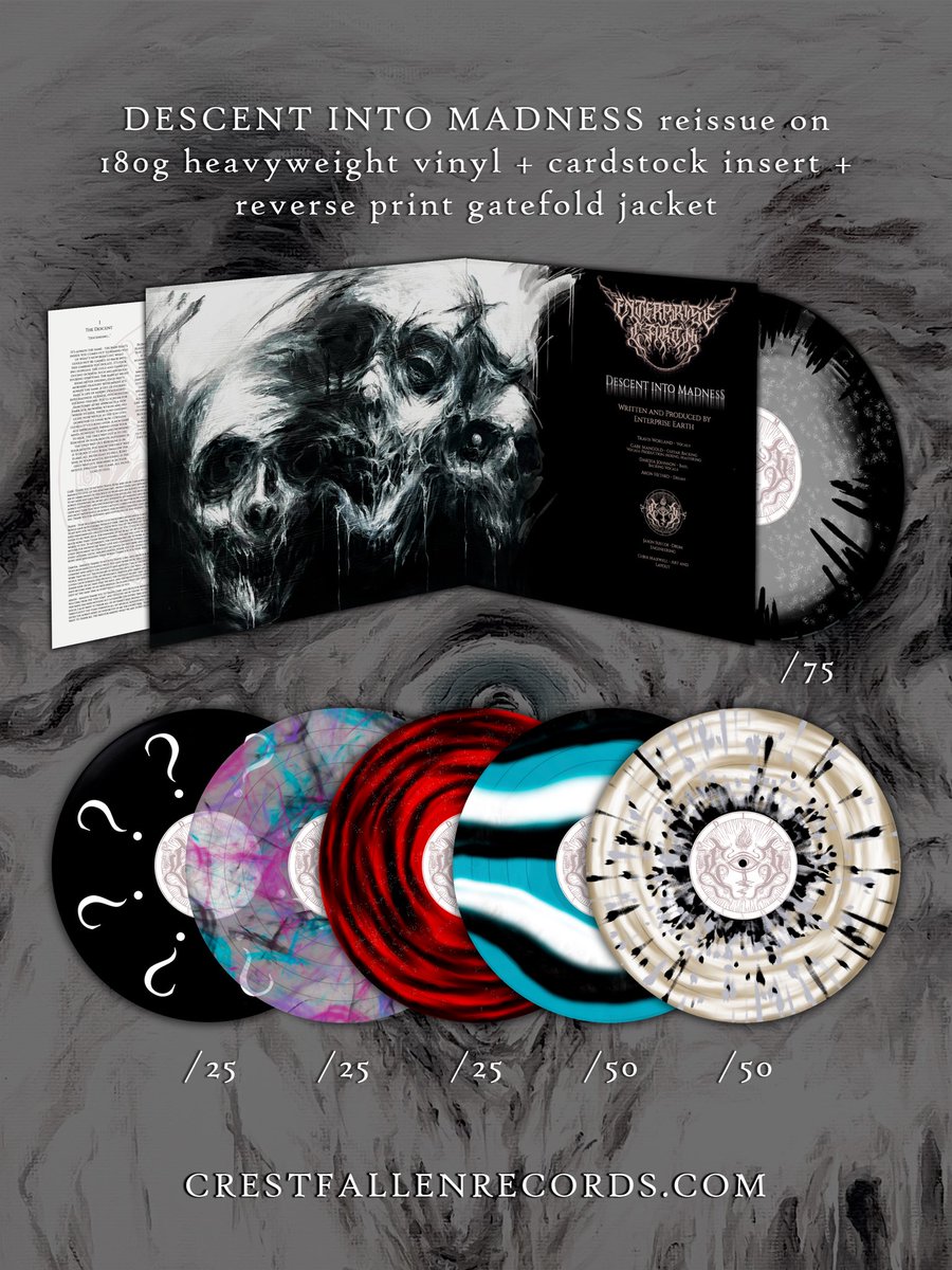 EEarthBand's tweet photo. Descent Into Madness Vinyl Reissue Pre Order, done by our friends at @CrestfallenRecs 

5 brand new variants on 180g heavyweight vinyl, including a mystery variant. Expected to ship in September. https://t.co/kiMvI1M7S4
