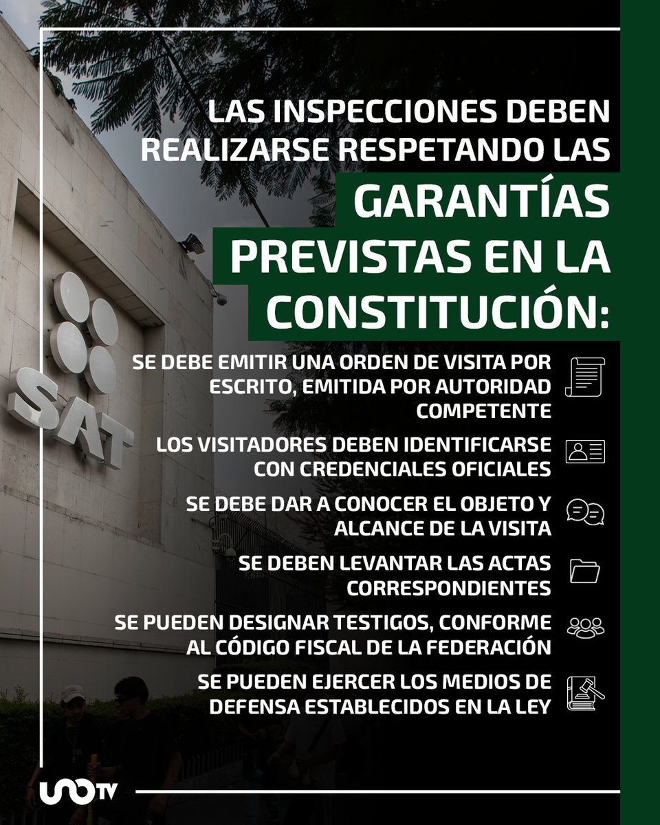 UnoNoticias's tweet photo. El #SAT sí puede realizar visitas domiciliarias, pero no significa que vaya a revisar a todos los contribuyentes. La autoridad aclaró que no existen operativos masivos contra pensionados, asalariados, personas físicas o empresas. Estas #inspecciones solo se llevan a cabo cuando detecta inconsistencias o posibles irregularidades fiscales, con base en el Código Fiscal de la Federación. Durante una visita, el SAT puede revisar el cumplimiento de obligaciones fiscales, la #contabilidad y que los CFDI correspondan a operaciones reales.
Además, los #contribuyentes tienen derechos: recibir una orden por escrito, verificar la identidad de los visitadores, conocer el motivo de la revisión, designar testigos y presentar pruebas si consideran improcedente la actuación. Incluso, el SAT ofrece herramientas para confirmar que la orden y el personal sean auténticos y evitar fraudes.
¿Conocías en qué casos el SAT puede hacer estas visitas?
#UnoTV