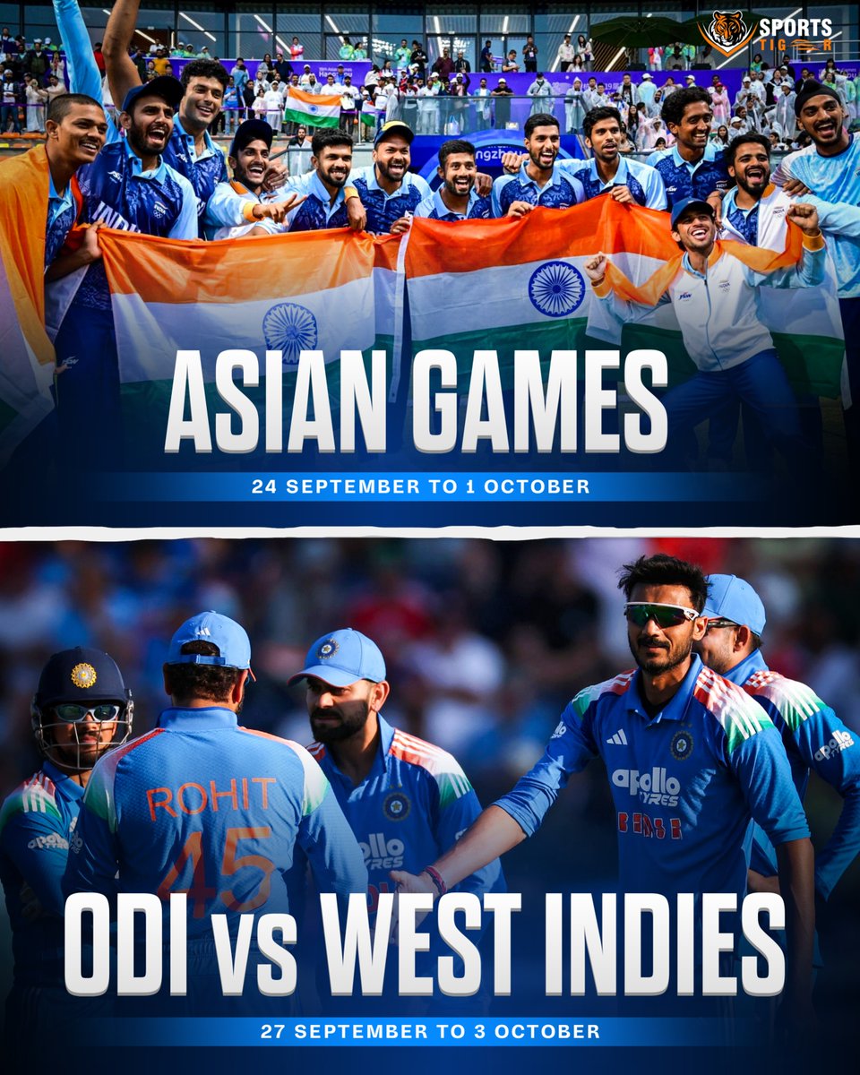 The_SportsTiger's tweet photo. ๐จ ACTION-PACKED DAYS AHEAD FOR TEAM INDIA! ๐ฎ๐ณ๐
The Men in Blue are all set for a thrilling schedule as they gear up for two massive assignments:
Back-to-back challenges. One missionโto make the nation proud. ๐
#TeamIndia #BleedBlue #AsianGames #INDvWI #IndianCricket https://t.co/13ZsIbjPwW