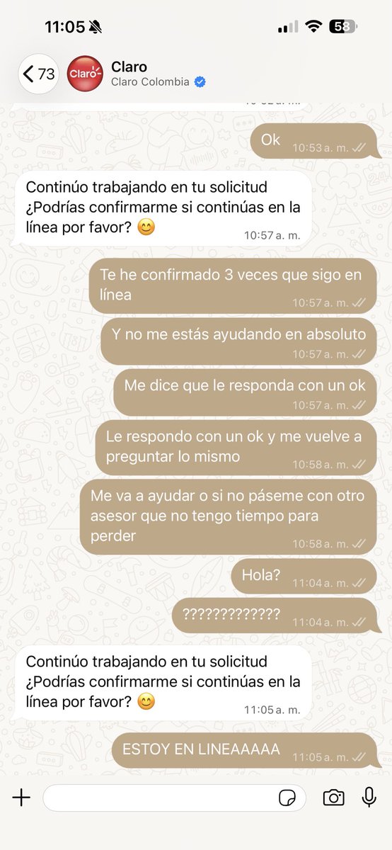 soyrolandsind's tweet photo. @ClaroColombia me parece una completa falta de respeto los canales de soporte que tienen.
1. Llamo por teléfono y me tienen 8 minutos en un menú para luego no transferirle a nadie 
2. Lo hago por WhatsApp y me sale este ser humano a preguntarme cada minuto si estoy en línea https://t.co/ighj4jLyEV