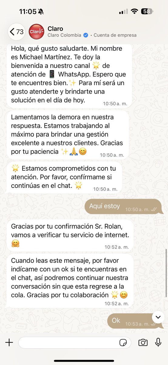 soyrolandsind's tweet photo. @ClaroColombia me parece una completa falta de respeto los canales de soporte que tienen.
1. Llamo por teléfono y me tienen 8 minutos en un menú para luego no transferirle a nadie 
2. Lo hago por WhatsApp y me sale este ser humano a preguntarme cada minuto si estoy en línea https://t.co/ighj4jLyEV