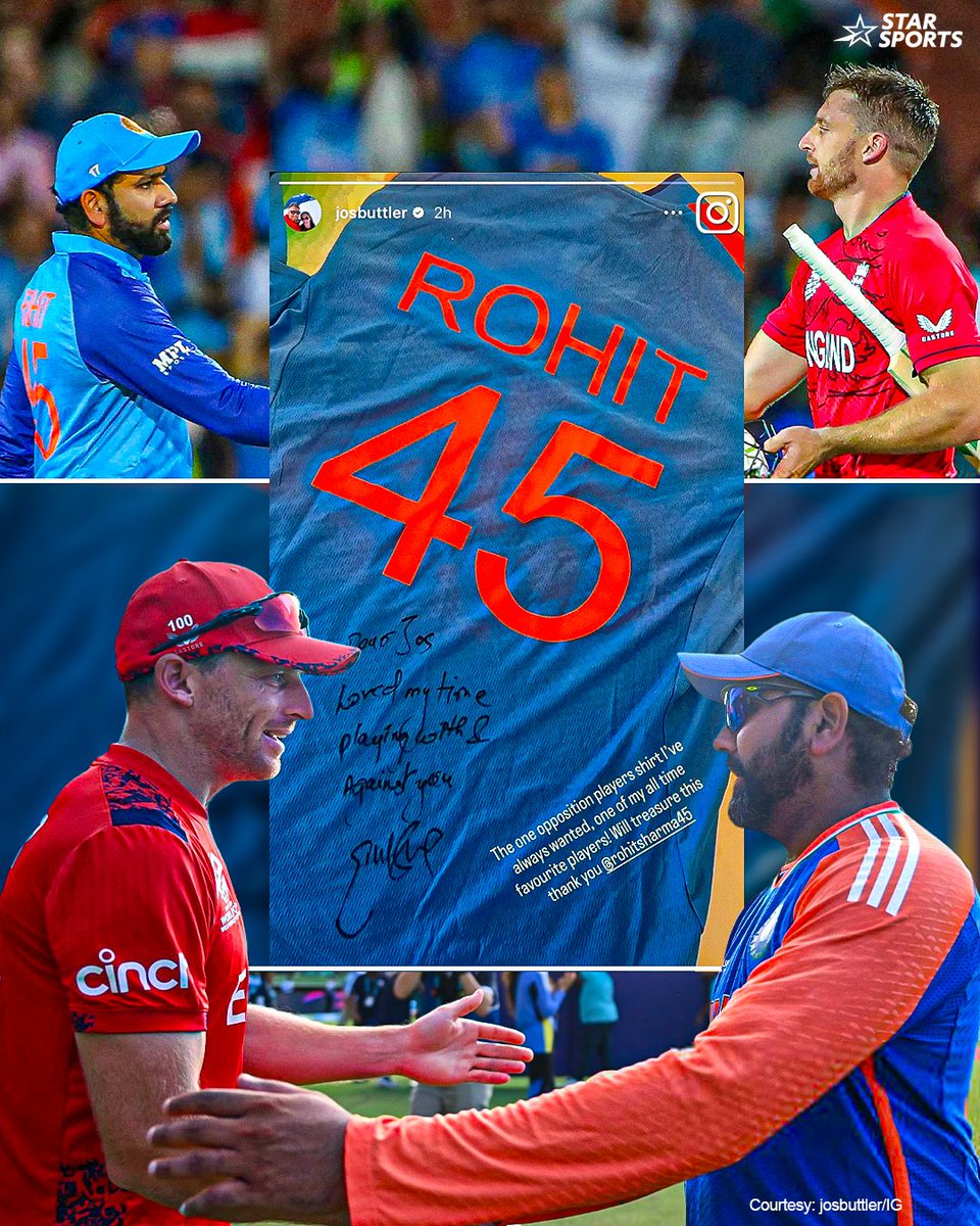 StarSportsIndia's tweet photo. This side of sports! 🫶

Jos Buttler gets a signed jersey from Rohit Sharma - one of his all-time favourite players ❤️ https://t.co/1ltq8Mur1O
