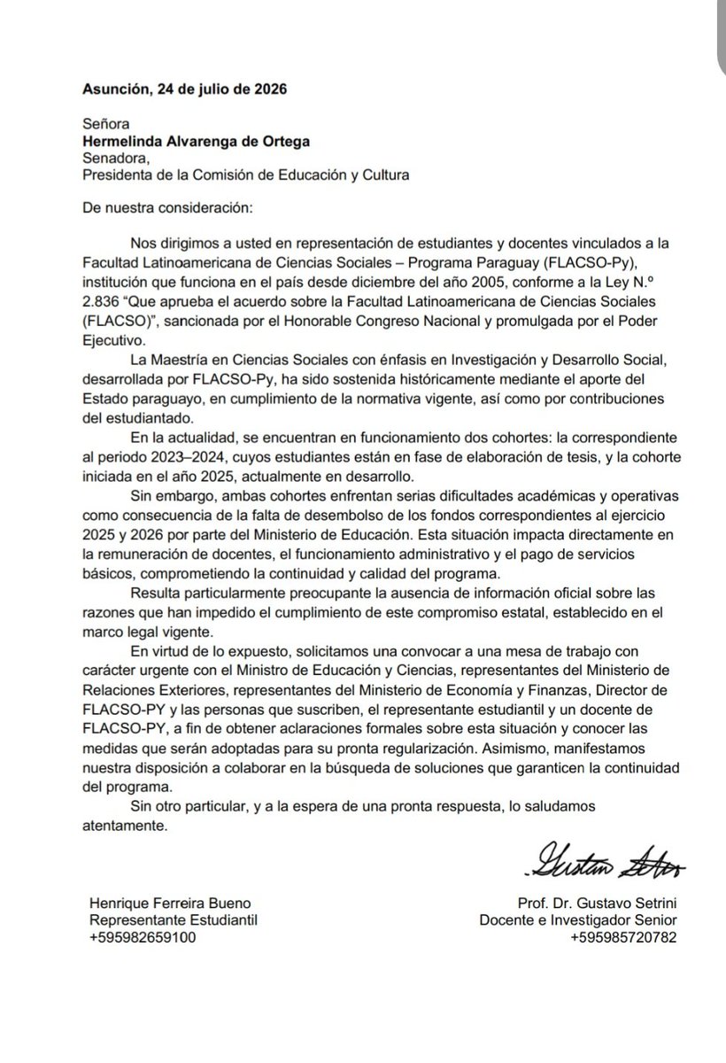 Francis970AM's tweet photo. DENUNCIAN AL MEC POR NO DEPOSITAR LOS RECURSOS PARA MAESTRÍA. Alegan que el Ministerio de Educación, a cargo de Luis Ramírez, no deposita los fondos a la FLASCO-PY, del 2025-2026, que es aporte legal del Estado y de los estudiantes. Lo cual perjudica a los alumnos https://t.co/DjnarKJjhm