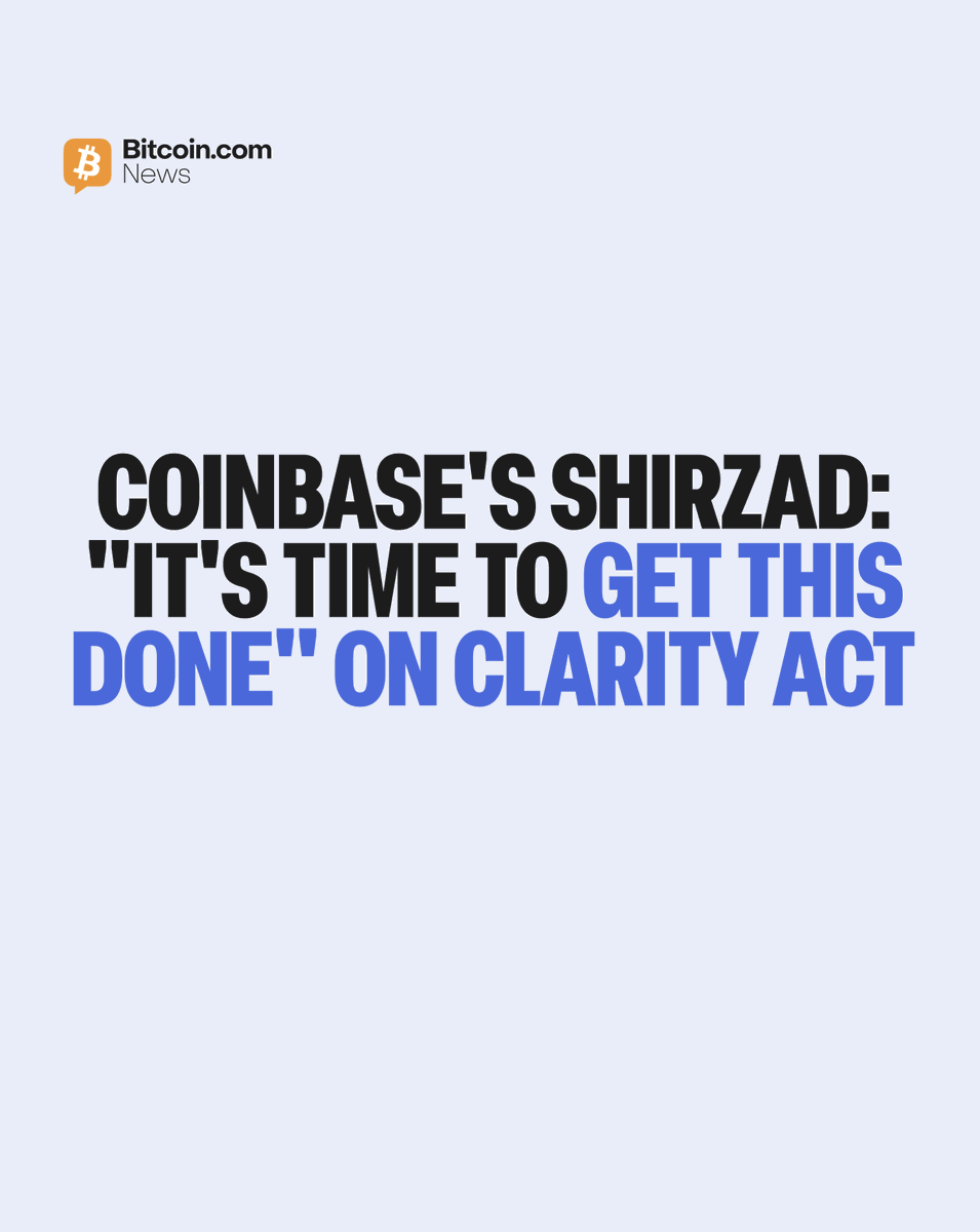 BitcoinNews's tweet photo. JUST IN: 🇺🇸 "The answer is: at the point when policymakers realize that the perfect can't be the enemy of the good," says Coinbase's Faryar Shirzad on CLARITY Act passage.

"We welcome the dialogue and the hard questions, but it's time to get this done," Shirzad adds. https://t.co/EdSXOoriUC