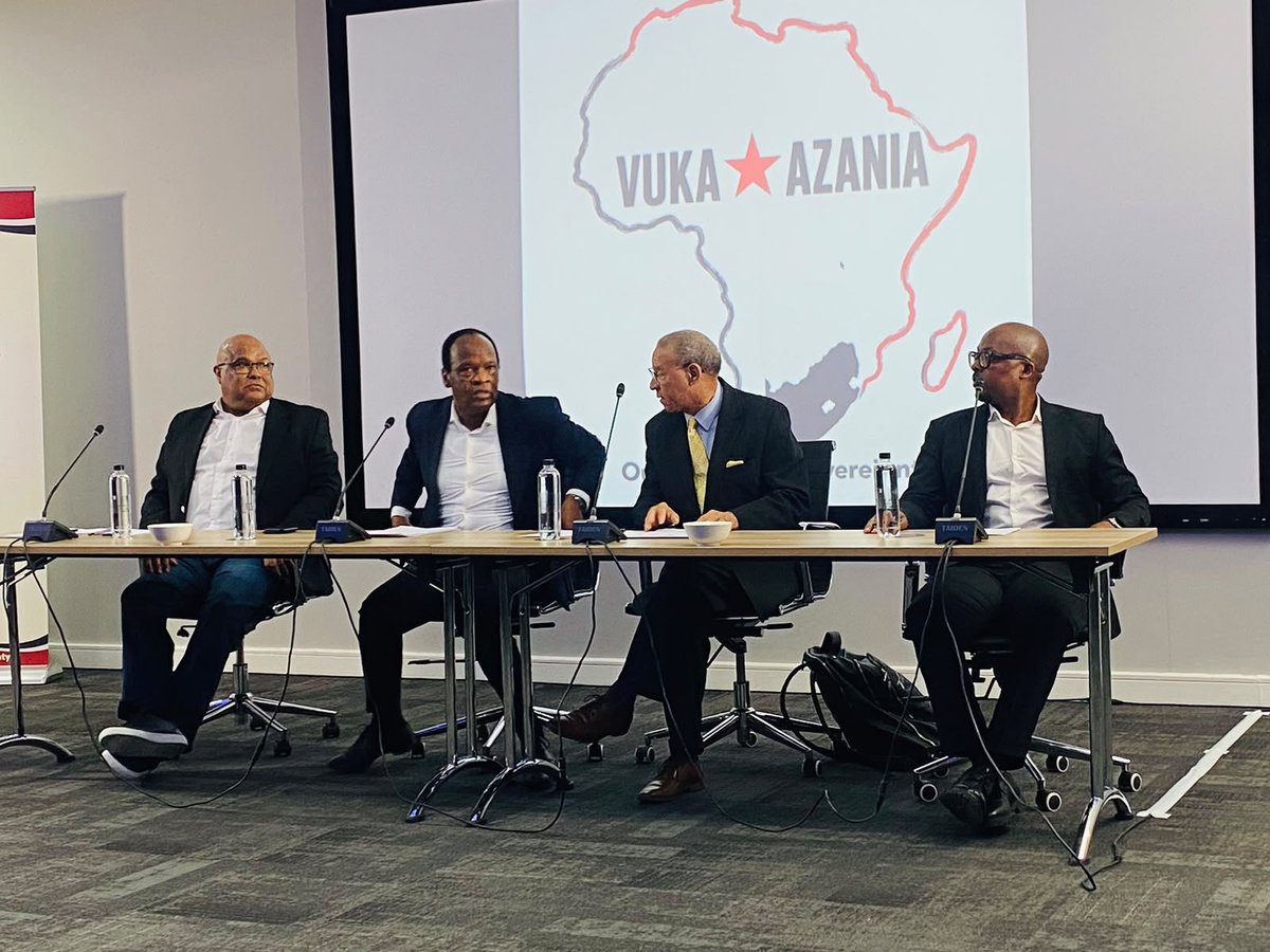 IamMzilikazi's tweet photo. As revealed on my podcast #UnpopularOpinion over the weekend, Advocate Muzi Sikhakhane SC, Reverend Dr Allan Boesak, former State Security Agency (SSA) DG, Arthur Fraser, and Professor Isaac Shai launched their civic society, @vuka__azania, in Sandton today. 
They stressed that #VukaAzania is not a political party but a Black Think Tank “dedicated to the
advancement of the interests of the Black majority.”