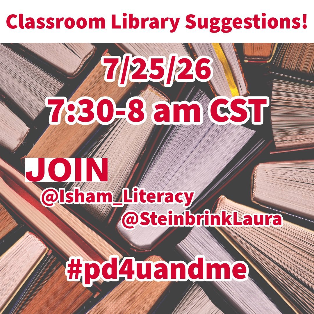 Isham_Literacy's tweet photo. Join the conversation tomorrow morning! What book suggestions do you have for a classroom library? #pd4uandme https://t.co/8wkFzDi1sQ