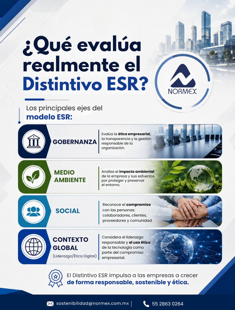 NORMEXsc's tweet photo. El Distintivo ESR reconoce a aquellas empresas que integran la sostenibilidad dentro de su operación diaria y generan un impacto positivo en su entorno.
#ESR #Gobernanza #ResponsabilidadSocial #Sostenibilidad https://t.co/crRx9mHyQN