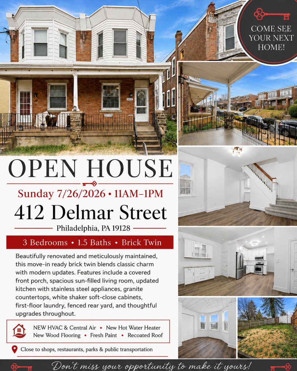 AlsKWTeam's tweet photo. OPEN HOUSE THIS SUNDAY! Tour this beautifully renovated 3-bed, 1.5-bath brick twin featuring an updated kitchen, first-floor laundry, fenced yard, new HVAC, new flooring and more!
π
July 26 | 11 AMβ1 PM
π 412 Delmar St, Philadelphia, PA 19128
#OpenHouse #MoveInReady https://t.co/o0idyWkWBt