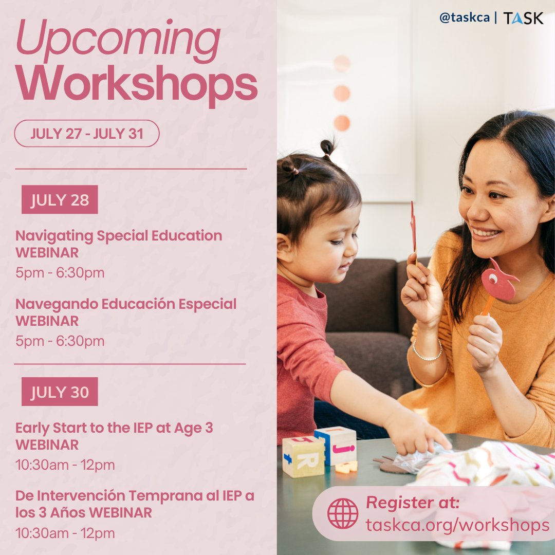 taskca's tweet photo. 🔔 Reminder for Next Week's Workshops! 🔔

Don't miss out on our informative sessions from July 27-31, designed to support you and your child's educational needs.

Register now at https://t.co/XMARPMfOCT for these and more upcoming workshops. https://t.co/HKdObSlBLV
