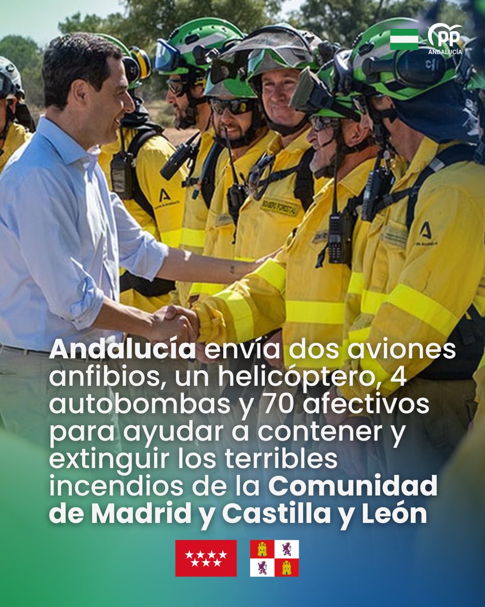 ppandaluz's tweet photo. 💚 Toda la solidaridad desde Andalucía con Madrid y y León.

Nuestra comunidad envía dos aviones anfibios, un helicóptero, 4 autobombas y 70 afectivos.

¡Mucho ánimo! https://t.co/4B7DsZljxw