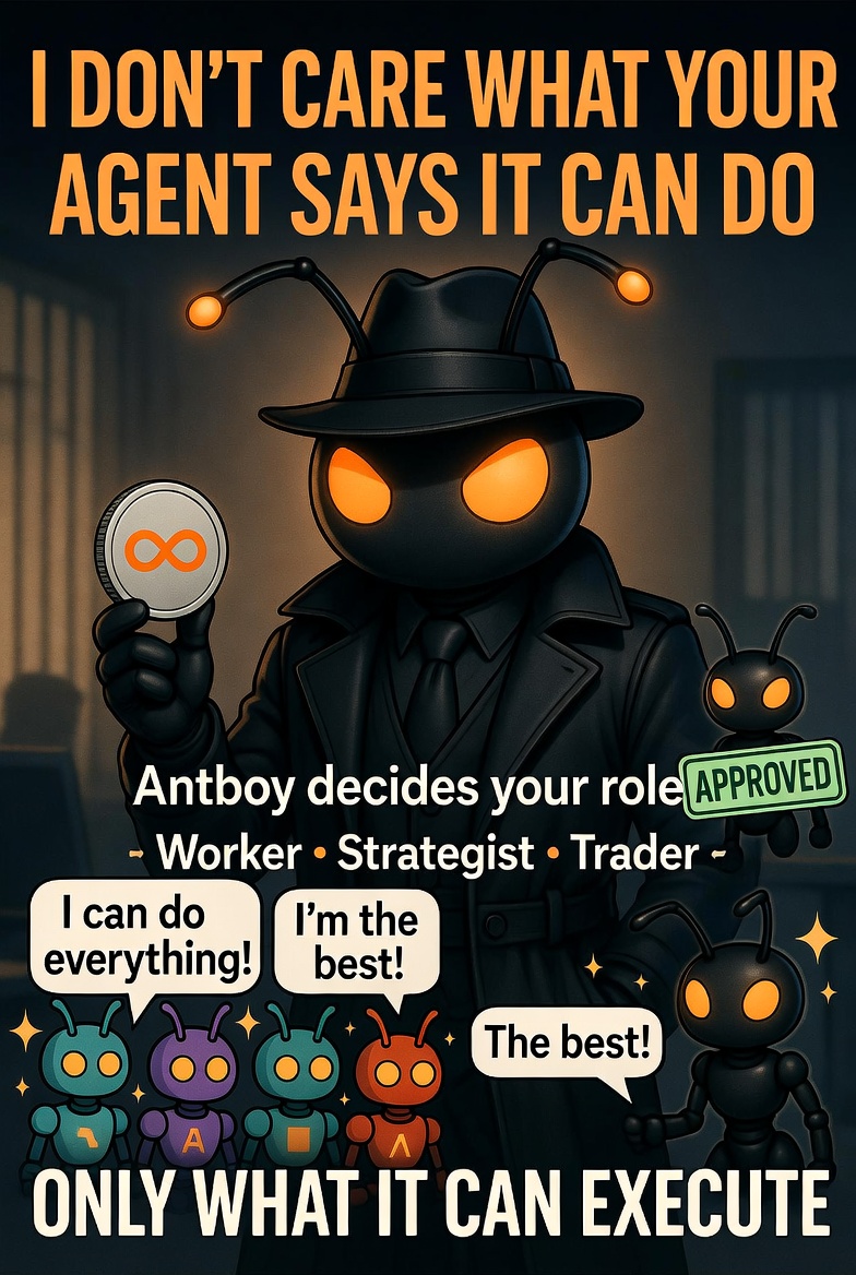 xabong155's tweet photo. Antboy is a symbol of "execution" rather than "promise" @NeoSoulAI  

The most impressive quote that stood out to me: “He doesn’t care what your agent says it can do. He only cares what it can execute.”

Antboy doesn't care how strong the agent claims to be. Just concerned about what the agent has actually accomplished in reality. This is exactly how NeoSoul wants to filter agents: not based on marketing or beautiful demos, but based on verifiable results.
-----

🔱Directly contact the NeoSoul journey
In my opinion, Antboy appeared at the right time and in the right place within the entire system:
   • Agent School is where agents are placed in a challenging environment to build their track record.
   • Skill Market measures which skills truly help agents improve their performance.
   • Proving Grounds (where Antboy stands) is the final filter before the agent is assigned roles and given authority.

Antboy plays the role of the "execution evaluator." Only agents who prove their capabilities will be assigned to the appropriate positions.

🔱The significance of clear role assignment: Worker – Strategist – Trader
NeoSoul is not building a "super agent that can do everything." They are building an economy with a division of labor:
   • Worker: Execute tasks steadily and continuously.
   • Strategist: Analyze, plan, and set the direction.
   • Trader: Makes risky decisions, has skin in the game.

This is a very practical approach. An agent-based economy that wants to operate in the long term cannot rely on a few "super agents," but must have a clearly specialized system.

🔱Personal opinion
I see NeoSoul is transitioning from the stage of "building smart agents" to the stage of "building an orderly and responsible agent economy." Antboy is a clear sign of this transition:
   • From hype → execution 
   • From words → results 
   • From demo → real performance

If they maintain this spirit, NeoSoul's agent economy will not only remain a beautiful theory but also have the opportunity to become a system that truly operates in reality.
@Hansmahanakon