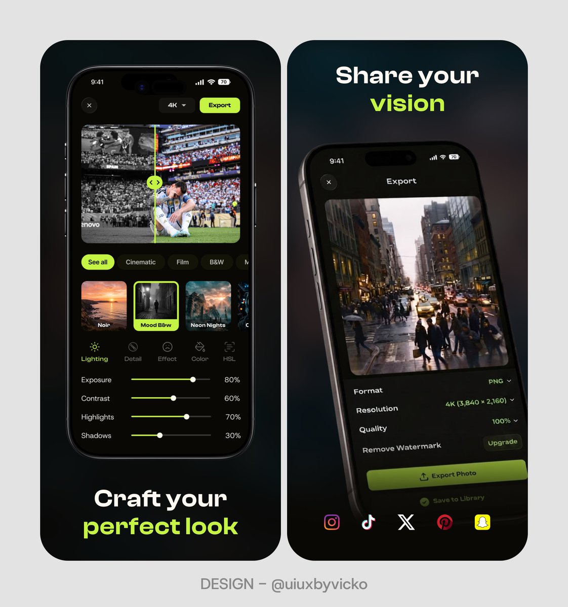 uiuxbyvicko's tweet photo. Redesigned a photo editing app's App Store screenshots.

Cleaner compositions, stronger messaging, and a more premium visual direction to better communicate the product's value.

Which screen is your favorite? 👇
#uiux #appscreenshot https://t.co/SFRZgwX7Kw