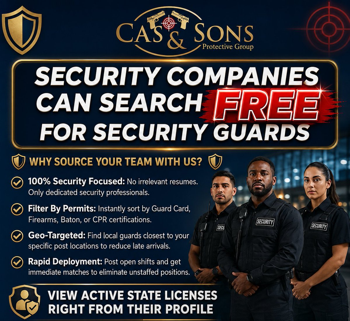 cas_sons's tweet photo. Tired of sifting through irrelevant resumes? CAS &amp; SONS Protective Group offers FREE search for security guards, allowing you to filter by permits, geo-target, and deploy rapidly. Make your hiring process seamless! #SecuritySolutions #GuardSearch #EfficientHiring #CASandSONS https://t.co/ekXCSEszwk