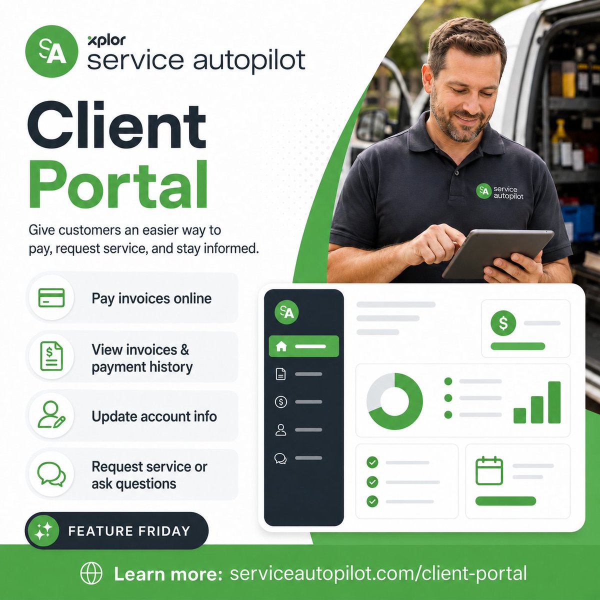 svcautopilot's tweet photo. With SA’s Client Portal, customers can manage more on their own, while your team spends less time handling repetitive calls, payment questions, and account updates.
Learn more: https://t.co/bKWNpOYtVm
#ServiceAutopilot #FeatureFriday #ClientPortal #FieldServiceSoftware https://t.co/NVeOUW7zbC