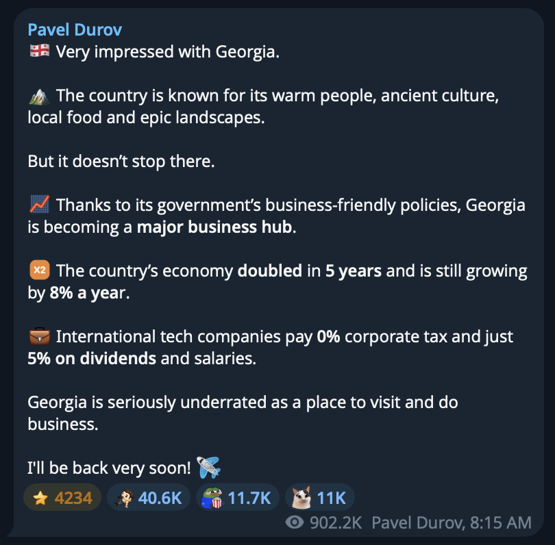 expatriator's tweet photo. Yes @durov, Georgia can give a foreigner a bank account, a mountain horizon, and a supra in the same week; the harder question is whether the country can protect that openness while Russia, EU conditionality, tourism money, and domestic politics pull in different directions. https://t.co/eMltU7GR0O