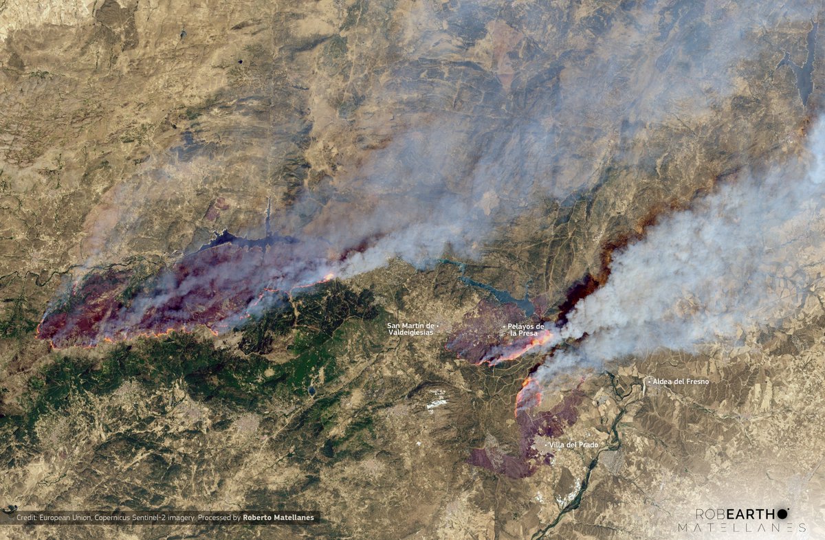 Srobinger's tweet photo. 3 grandes incendios🔥 están afectando el suroeste de la Comunidad de Madrid
Hoy #Copernicus Sentinel-2 ha capturado esta imagen mostrando la distribución de los tres incendios 
#IFSierraOeste #IFSanMartíndeValdeiglesias #IFVilladelPrado #IFBurgohondo #IFaldeadelfresno https://t.co/gtItVEQr3L