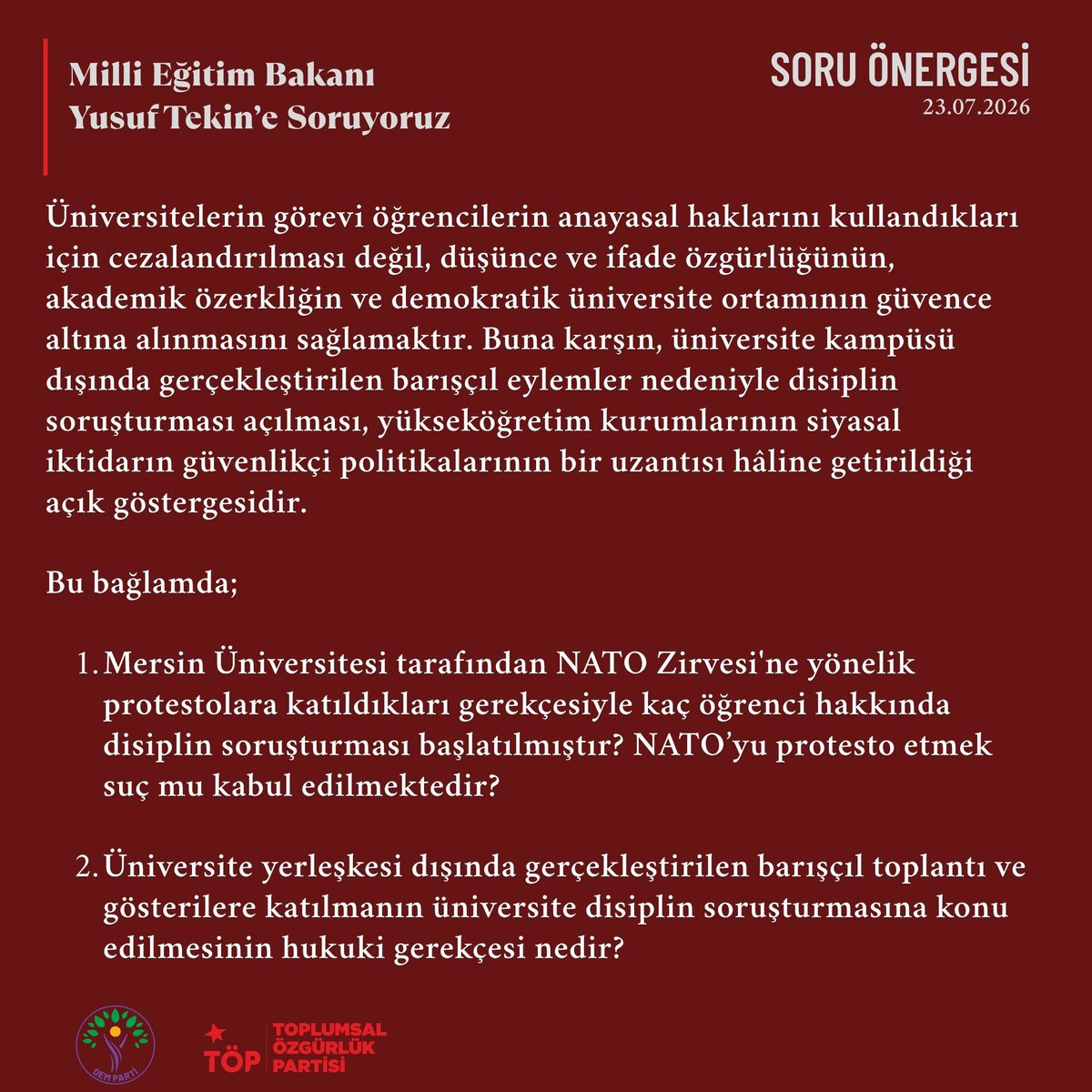 PerihanKoca's tweet photo. ⭕️NATO Protestosuna Katıldıkları İçin Haklarında Soruşturma Açılan Mersin Üniversitesi Öğrencilerini ve 

⭕️Mersin’deki NATO Eylemleri Sonrasında Gözaltında İşkenceyeyi TBMM gündemine taşıdım.

#nato #mersi̇n #mersinüniversitesi https://t.co/gBoWsaPko8