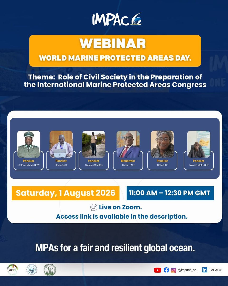 impac6_sn's tweet photo. Célébrons ensemble la Journée mondiale des Aires Marines Protégées (AMP) !
À l’occasion de cette journée, IMPAC6 Sénégal vous invite à prendre part à un webinaire autour du thème :
📷 « Rôle de la société civile dans la préparation du Congrès international sur les Aires Marines Protégées »
Cette rencontre réunira des experts, des acteurs de la conservation et des représentants de la société civile afin d’échanger sur leur contribution à la réussite d’IMPAC6, qui se tiendra à Dakar en mars 2027.
📷 Date : Samedi 1er août 2026
📷 Heure : 11h00 – 12h30 GMT
📷 En ligne sur Zoom
📷 Lien Zoom :
https://t.co/quyauSbu3F...
Votre participation contribuera à renforcer le dialogue et la mobilisation autour de la protection des océans et de la préparation du 6ᵉ Congrès international sur les Aires Marines Protégées (IMPAC6).
📷 N’hésitez pas à partager cette invitation avec vos collègues et votre réseau !
📷 Des AMP pour un océan mondial équitable et résilient.
#IMPAC6 #JournéeMondialeDesAMP #MarineProtectedAreas #AiresMarinesProtégées #ocean