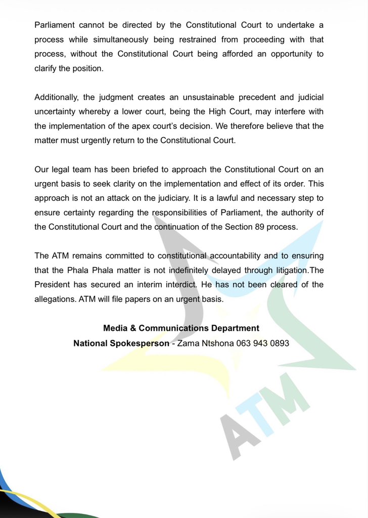 ATMovement_SA's tweet photo. 🚨[MUST READ]🚨

A split judgment has created constitutional confusion over the implementation of a Constitutional Court order.

The ATM will not sit back while accountability is placed on judicial pause. Our attorneys have been briefed to approach the Constitutional Court urgently, with papers to be filed within 24 hours.

President Ramaphosa has secured a temporary delay, not a clearance certificate. Phala Phala is not disappearing. The President must still account.

#ATMInParliament