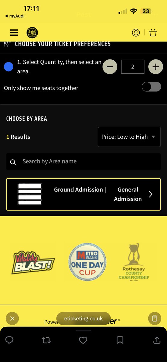 lukesmart7's tweet photo. @Gloscricket Hi! Thanks for the quick reply, when you click book now, and general admission, a square box comes up and circles, and no other page loads https://t.co/ToW7s8unyG