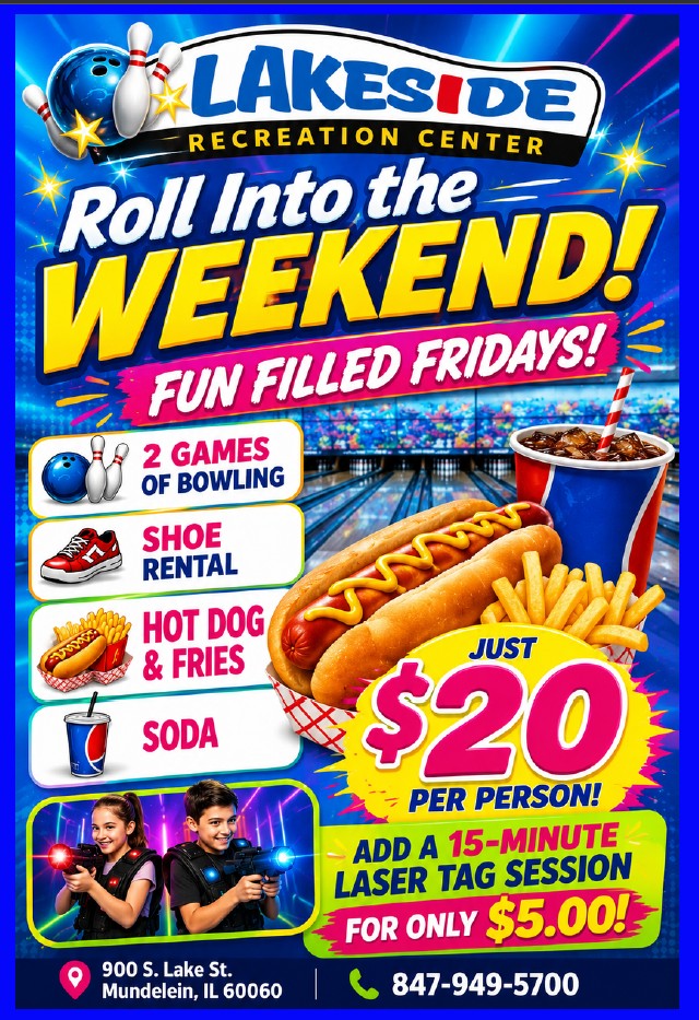LakesideRec_IL's tweet photo. 🎳 Today at Lakeside – Friday, July 24, 2026 🎳

The weekend starts here! 🎉
We're open at Noon with Open Bowling, our Arcade, and the Dockside Diner all ready for a day of family fun.

🎳 Open Bowling Available All Day!
Enjoy our Roll into the Weekend Special. 🎳🍕🎮 https://t.co/mEEuWELcQJ