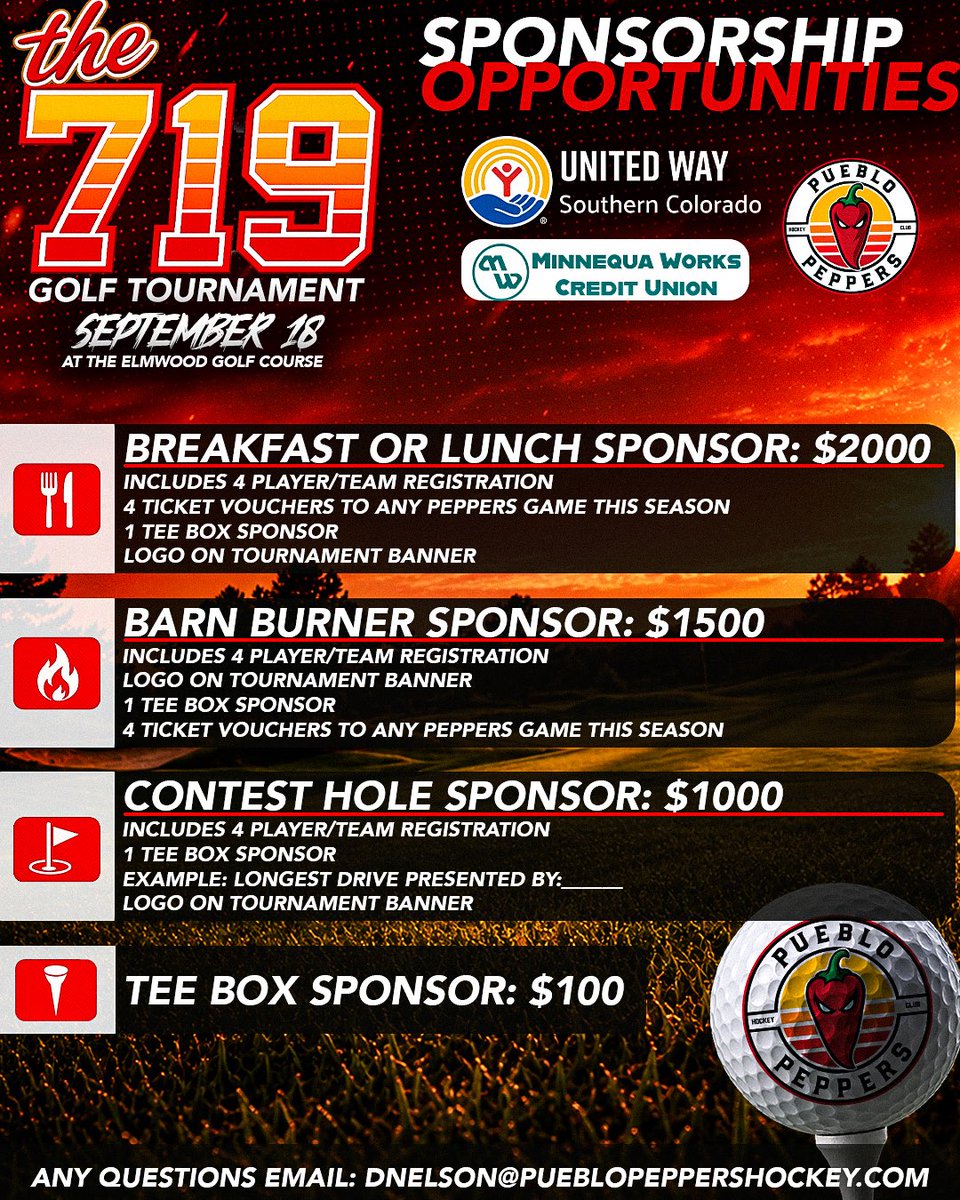 PuebloPeppers's tweet photo. 🏌️‍♂️ Put your business in the spotlight at the 719 Golf Tournament! 🌶️

Sponsorship opportunities are officially available! Showcase your brand while supporting the Pueblo Peppers and United Way of Southern Colorado.

⛳ Secure your sponsorship today:
https://t.co/73CcoqlmEJ https://t.co/zvzLWa2HmC