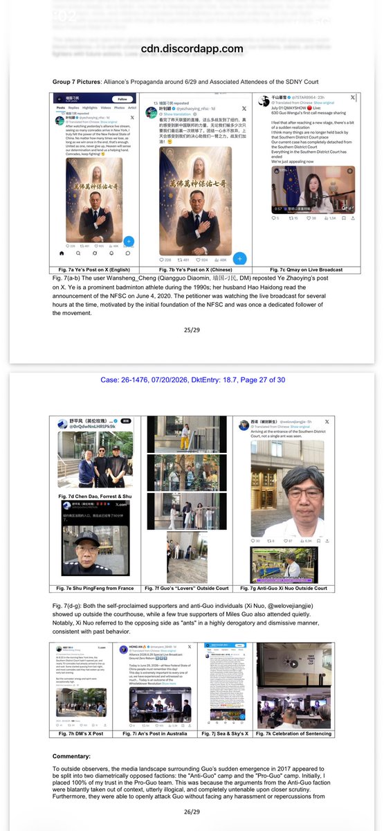 SarahZh67248600's tweet photo. 该附件为提交给上诉法院的 “利益冲突声明与事实清单”（Declaration of Adverse Interests: Fact Sheets），由一名自诉受害人/申诉人（Pro Se Victim/Petitioner）撰写，旨在说明为何“新中国联邦/联盟”（Alliance）的核心领导层无法代表其法律或财务利益。  
以下是该文件核心内容的结构化概括：
一、 核心立场与思想转变
 前期盲从（2024年7月16日前）： 申诉人自2020年起高度认同“爆料革命”及“新中国联邦”，不仅在社交平台（GETTR、X）上长期志愿宣传、做双语翻译，还在郭文贵（Miles Guo）被捕后继续投资了“A10”等项目，对其保持绝对信任。  
 觉醒与决裂（2024年7月16日郭文贵被判有罪后）： 申诉人意识到联盟核心高层并非真正支持者，而是利用郭文贵的永久监禁来侵吞受害者资金、掌控话语权，因此与联盟领导层完全切割并表达绝对的不信任。  
二、 对联盟领导层及操纵手段的控诉
1. 操纵家庭账号与筹款疑云：
 指控 GETTR 上的“郭美”（Mei Guo，郭文贵女儿）账号并非本人独立运营，而是被联盟核心 Handler 控制并用于塑造虚假信心。  
 质疑2026年7月13日“郭美”发起的 GoFundMe 筹款（1小时内筹得38万余美元后迅速关闭），怀疑其涉及自融、洗销量（wash-trading）或资金抢劫，呼吁 FBI/DOJ 介入调查。  
2. 高层清洗与信息垄断：
 描述了联盟主席由“长岛伟哥”（夏其东）被异常替换为“青藤”（Forest Zhou/周岳）的过程，质疑其背后存在利益集团和高科技（如 AI 合成语音）的操控。  
 联盟领导层在审判期间误导广大投资者“不要去法庭”，却安排自己人占领法庭旁听席，垄断并修饰法庭叙事，掩盖真实的审判不利局面。  
3. 神化王雁平（Yvette Wang）的矛盾性：
 质疑王雁平的认罪及高达14亿美元的赔偿/没收协议，认为这配合了控方逻辑，间接加重了郭文贵的刑罚并锁定了受害者资产。  
 批评联盟将认罪的王雁平包装为“英雄/烈士”，以此继续洗脑和控制追随者。  
4. “双簧”与渗透论：
 主张高调的“挺郭派”核心高层与“反郭派”实质上是“唱双簧”的受控反对派，背后的共同目标是让郭文贵永久入狱，从而瓜分海量资金并打压受害者自主维权。  
三、 申诉人个人遭受的报复
 账号被封与踢出群体： 申诉人因在 X 上质问联盟高层（如 Nick、Roy 等），导致其 GETTR 账号被永久注销，并被“枫叶农场”主“芝麻开门”（ZMKM）强行踢出 Discord 交流群及屏蔽。  
四、 最终法律请求 (Final Order Requested)
申诉人认为地区法院（SDNY）的审判环境已被虚假支持者、受控辩护团队及信息封锁严重污染，请求上诉法院：
 撤销（Vacate） 地区法院的相关判决；  
 命令地区法官回避/更换法官（Recusal/Reassignment）；  
 发回重审（Remand for a New Trial），以恢复宪法尊严并保护真正受害者的合法权益。