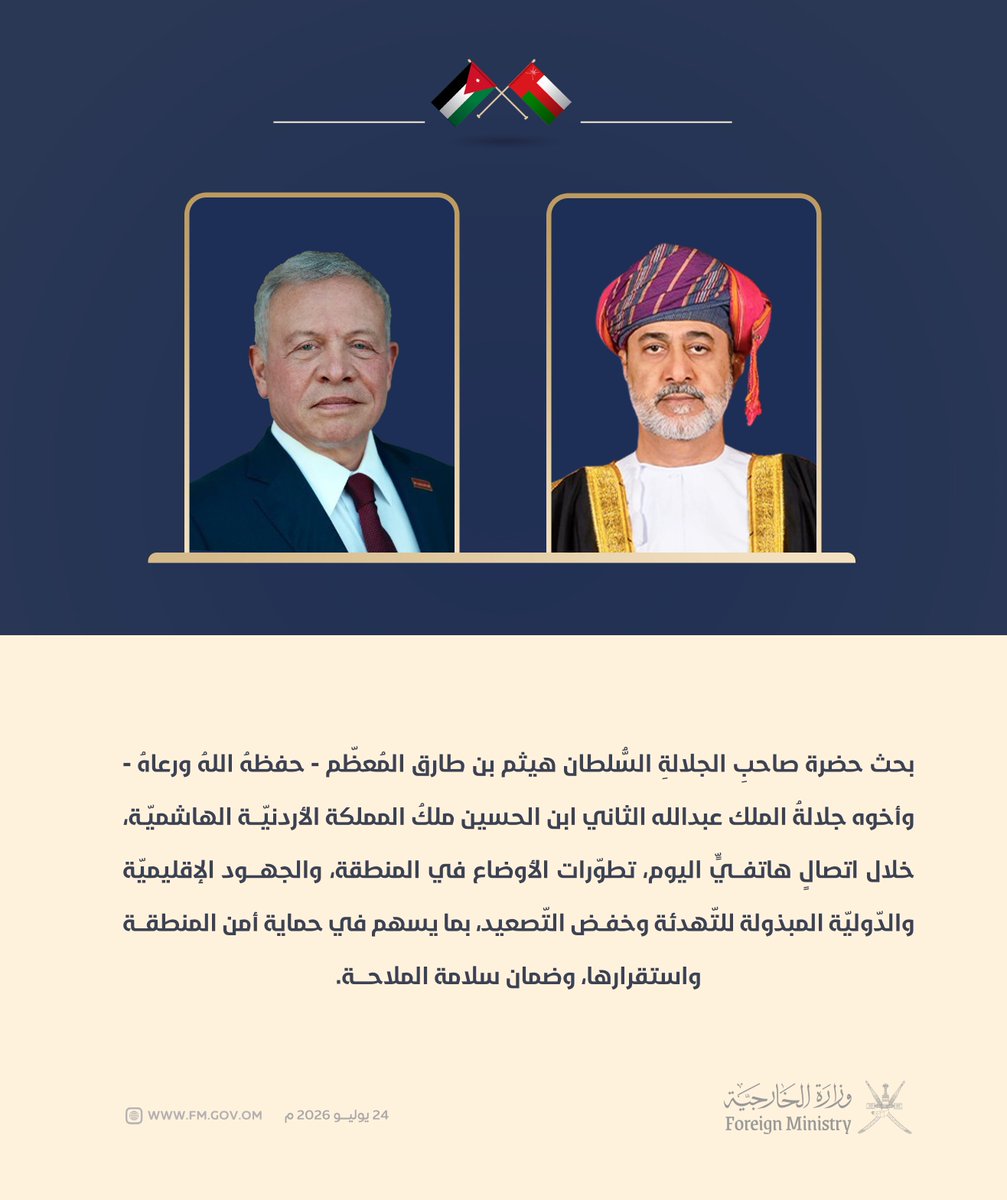 FMofOman's tweet photo. بحث حضرة صاحب الجلالة السلطان هيثم بن طارق المُعظم - حفظه الله ورعاه - وأخوه جلالة الملك عبدالله الثاني ابن الحسين ملك المملكة الأردنية الهاشمية، خلال اتصالٍ هاتفيٍّ اليوم، تطوّرات الأوضاع في المنطقة، والجهود الإقليمية والدولية المبذولة للتّهدئة وخفض التّصعيد، بما يسهم في حماية أمن المنطقة واستقرارها، وضمان سلامة الملاحة.