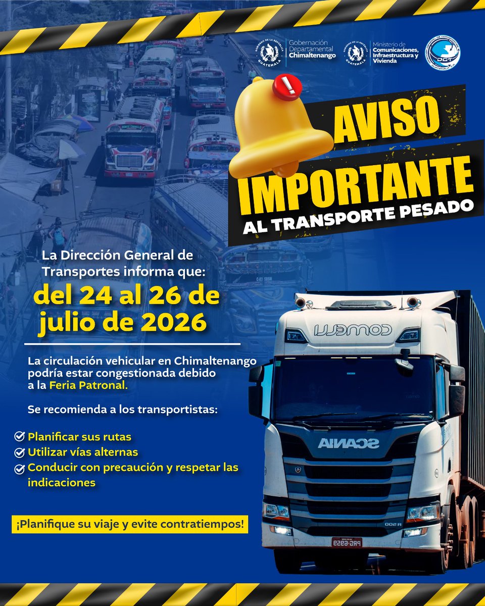 DGTguate's tweet photo. ¡Atención, transportistas de carga pesada! ⚠️

@CIV_Guatemala @surianobuezo @GuatemalaGob @DTransitoPNC @ProvialOficial @AGN_noticias @DiariodeCA @RadioTGWTV @PDHgt https://t.co/5TonWG96zb