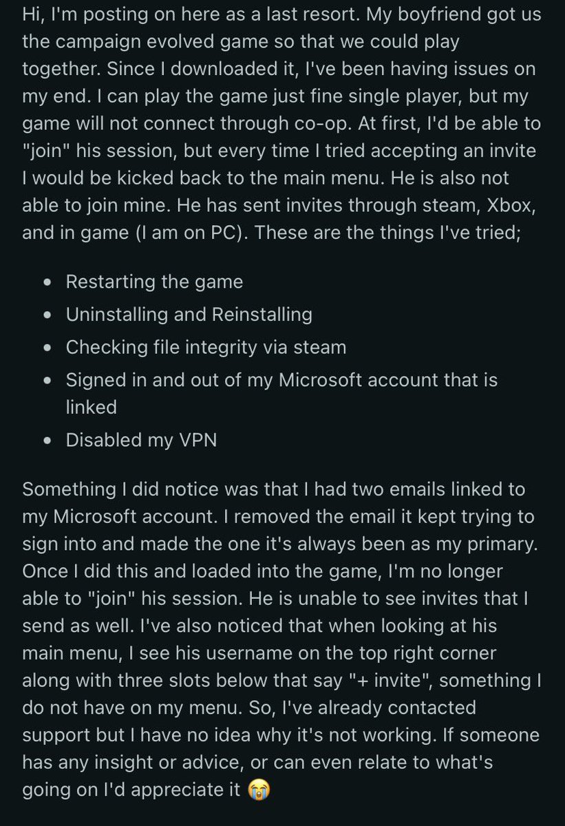 thedaytimes117's tweet photo. @HaloSupport @halo #halocampainevolved Is anyone having any similar issues with Halo campaign evolved?
My girlfriend‘s having an issue with doing co-op this is what she said: https://t.co/RrFg9Iliuv
