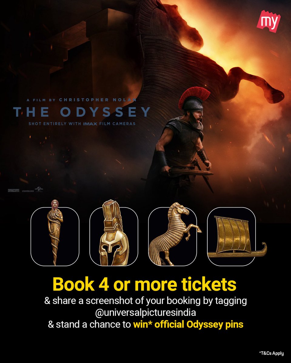 bookmyshow's tweet photo. Your quest begins at the movies. 🛡️
Book 4+ tickets for The Odyssey, share your booking screenshot by tagging @UniversalIND , and stand a chance to win official The Odyssey pins! https://t.co/DXFk9IR9gf