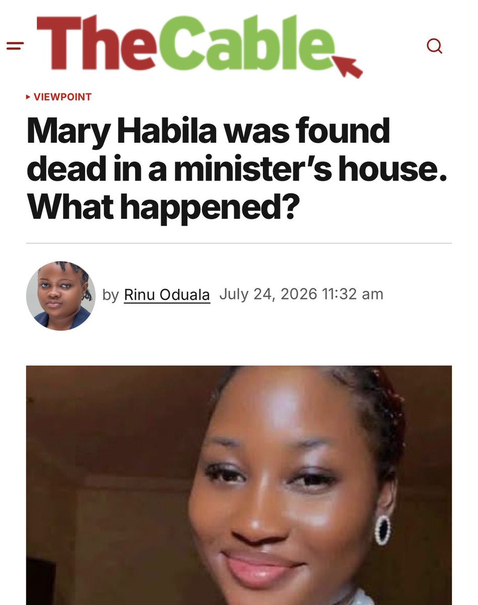 SavvyRinu's tweet photo. How did a twenty-six-year-old woman, “full of life,” with no illness on record, end up dead on the floor of @realdaveumahi’s compound, and why has no one in power been in a hurry to find out?

My opinion on the impunity in this case: https://t.co/uMRt20EQ5T #JusticeForMaryHabila https://t.co/gLn6o8gFdz