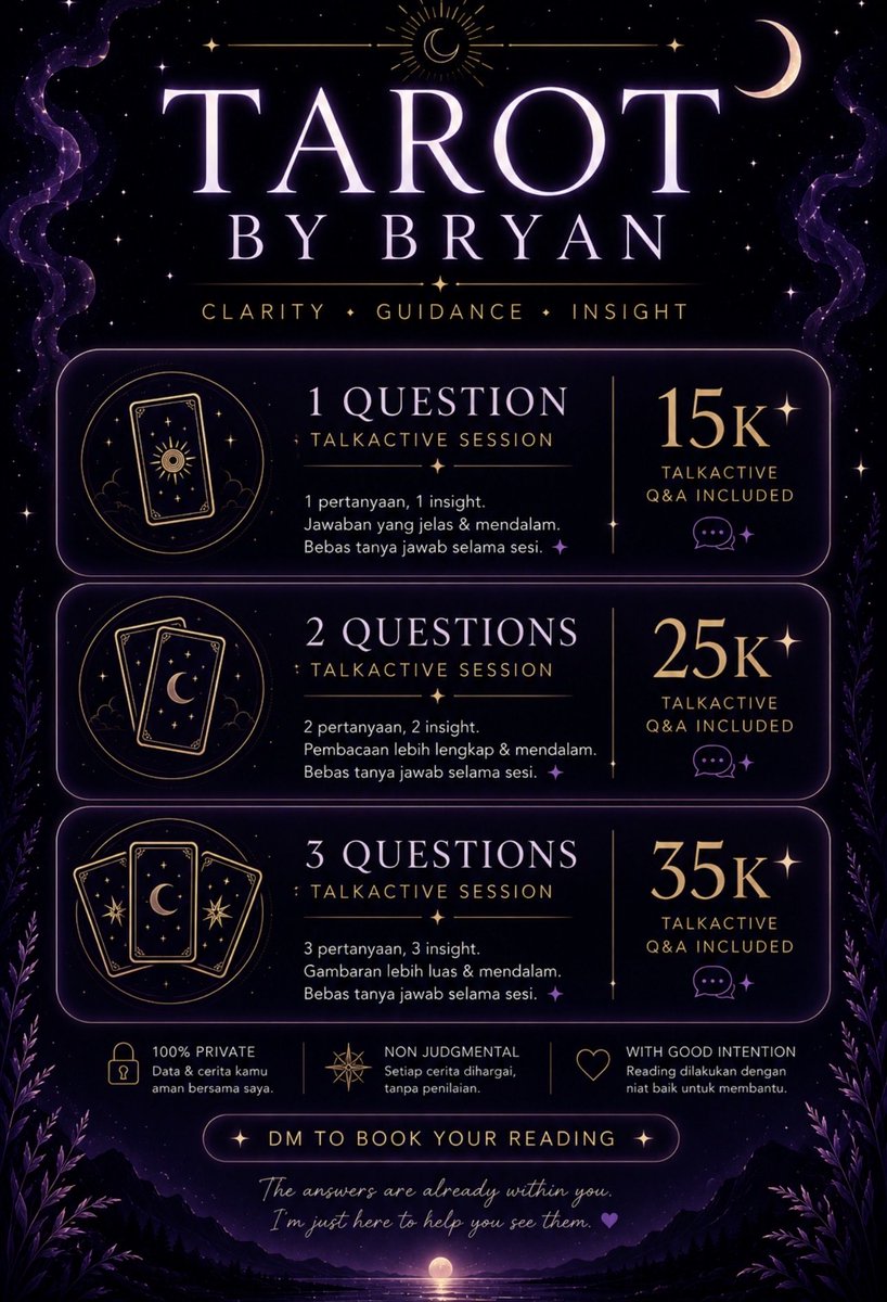 TarotByBryan's tweet photo. @Whodatgurlxx FREE TAROT READING  ✨

Lagi buka slot baca tarot GRATIS buat beberapa orang buat first purchase🔮

Syaratnya gampang:
🤍 Post atau repost tentang jasa tarot aku di akun kalian (tag aku ya!)
🤍 Kirim bukti post ke DM.

Slot terbatas https://t.co/R93H85xbSG