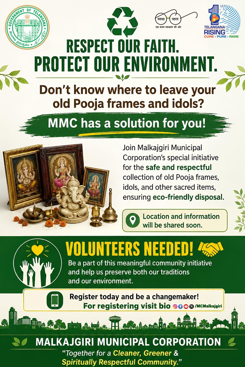 ZC_Uppal's tweet photo. ♻️🙏 Faith Meets Sustainability | Project Udvasana – Divine Drive
Through Project Udvasana – Divine Drive, old God &amp; Goddess photos, frames, idols and other sacred items are collected responsibly and recycled. @MCMalkajgiri https://t.co/1Q9w7iBnwg