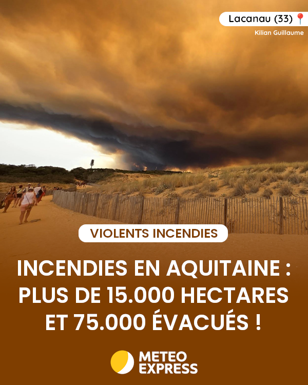MeteoExpress's tweet photo. 🔥 Les feux font toujours rage en Aquitaine. En Gironde, l'incendie a parcouru 12.500 hectares entre Saumos, Le Porge et Lège-Cap-Ferret. 44.000 personnes ont été évacuées et les flammes ont touché 130 maisons. https://t.co/h6yudBvE62