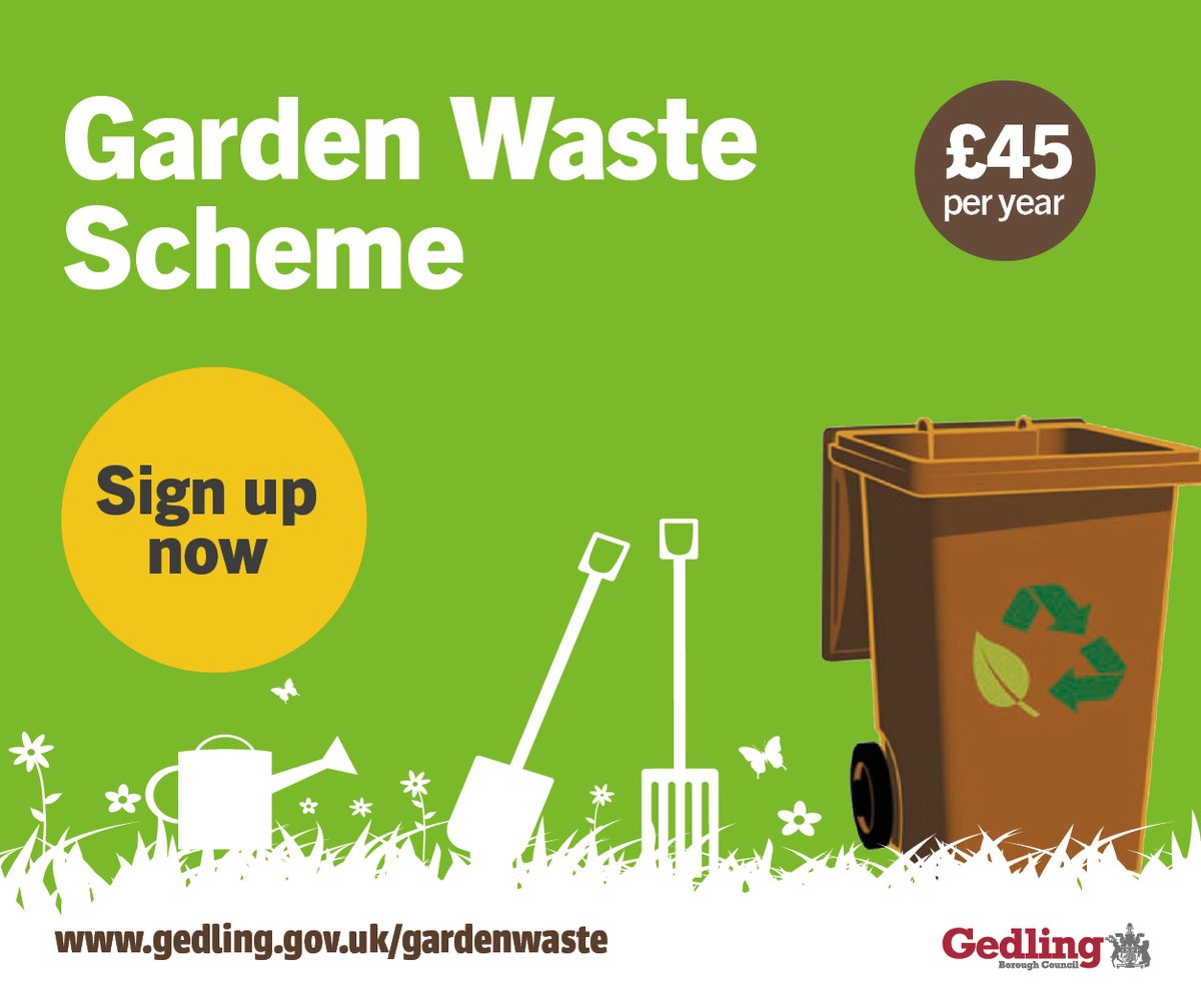 GedlingBC's tweet photo. 🍂 Sign up to the garden waste service and we will take care of your hedge trimmings, grass cuttings and leaves with fortnightly collections for £45 for the year. (Price is held at last year's amount.)

Order your brown bin now and get ready for a garden spruce up!🌳

Find out more and sign up for the scheme: https://t.co/XAJLBjZPZy