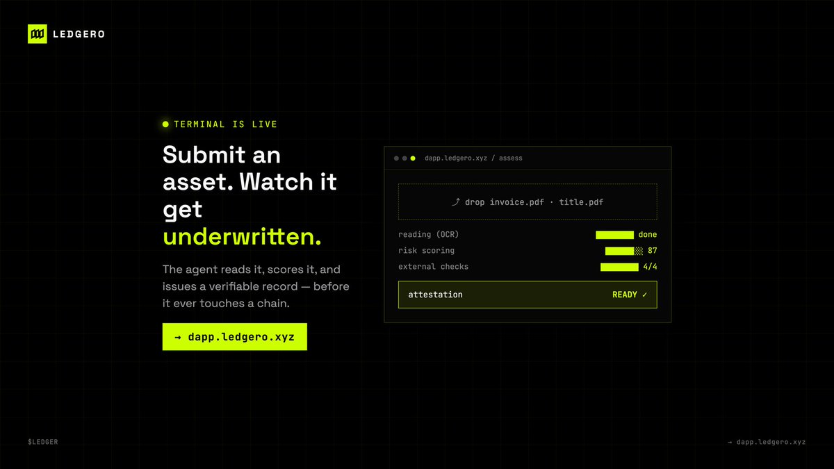 ledgeroxyz's tweet photo. The $LEDGER terminal is live. 

Submit an asset. Watch the agent read it, score it, and issue a verifiable underwriting record - before it ever touches a chain. 

→ https://t.co/03SjBbOjko https://t.co/kgNnxcxFAZ