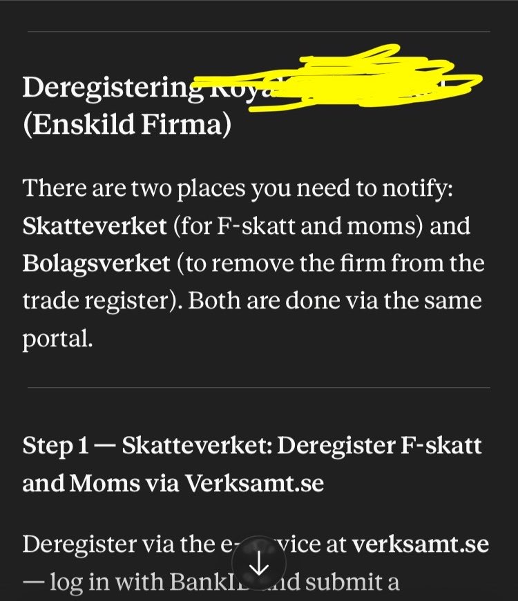 RoyalFlowTrader's tweet photo. Deregistering my little Swedish sole trading setup. You served me well 🫡
Hope it’s just as easy in the UK!

Little shout out to @leahlager  for the little chats we had on how to do this in Sweden!!
(And Sweden for my protected start up status, and for insane parental benefits.
And for the Swedish/EU passport.)