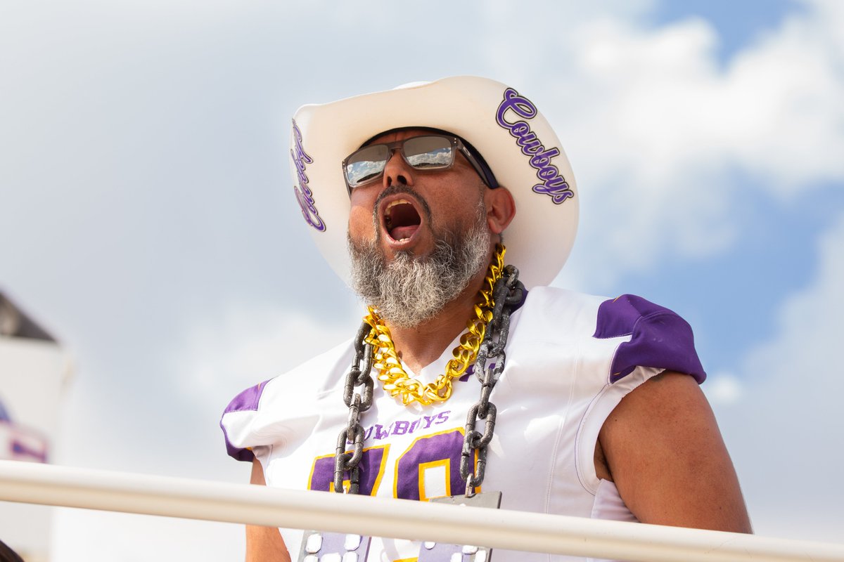 HSUTX's tweet photo. Turns out being a Cowboy isn't limited to students. 🤠

On #NationalDayoftheCowboy, we're tipping our hat to one HSU parent who never misses a chance to show up in full game-day style.

The Cowboy family wouldn't be the same without fans like you. https://t.co/kRoojRVc2l