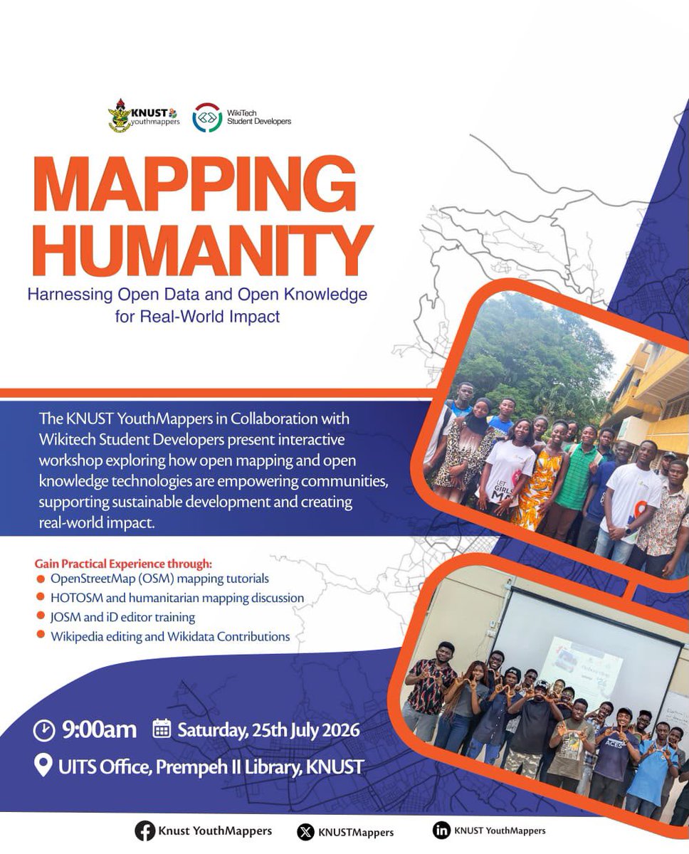 KNUSTYMAPPERS's tweet photo. The KNUST YouthMappers in collaboration with WikiTech Student Developers KNUST presents an interactive workshop exploring how open mapping and open knowledge technologies are empowering communities, supporting sustainable development, and creating real-world impact. https://t.co/oM0CcGFZMZ