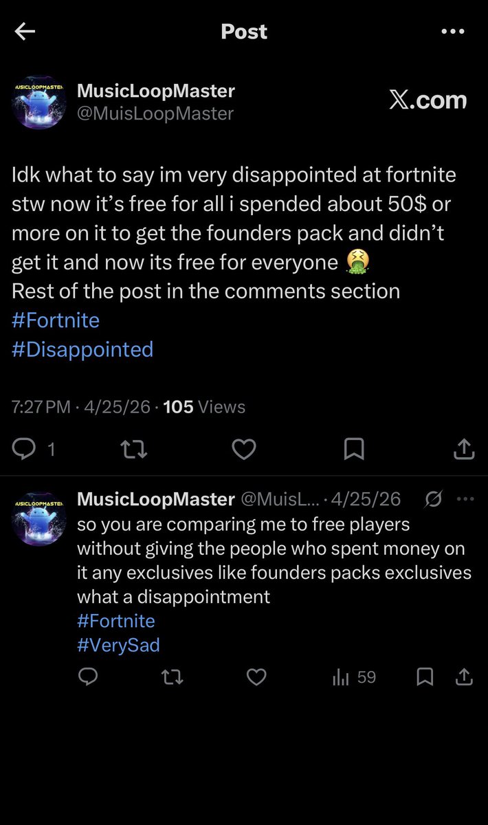 MusicLopMaster's tweet photo. I made this post about 2 months ago 
And i was complaining about what fortnite did and still , it got worse fortnite released Fortnite Save The World for completely free , how disappointing ☹️
#Fortnite 
#STW_became_Free_For_All😒😬 
#Fortnite_Slop https://t.co/Uj0AvqW0VH